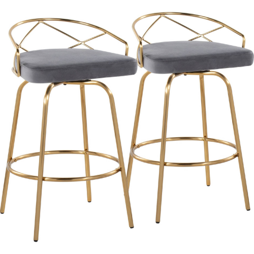 Charlotte 26" Swivel Counter Stool in Gold & Grey Velvet w/ Round Footrest (Set of 2)